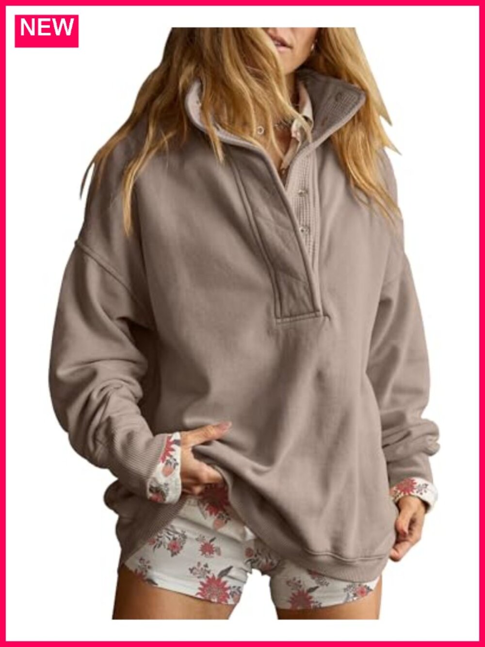 Oversized Henley Neck Sweatshirt Cotton Blend Pullover Top